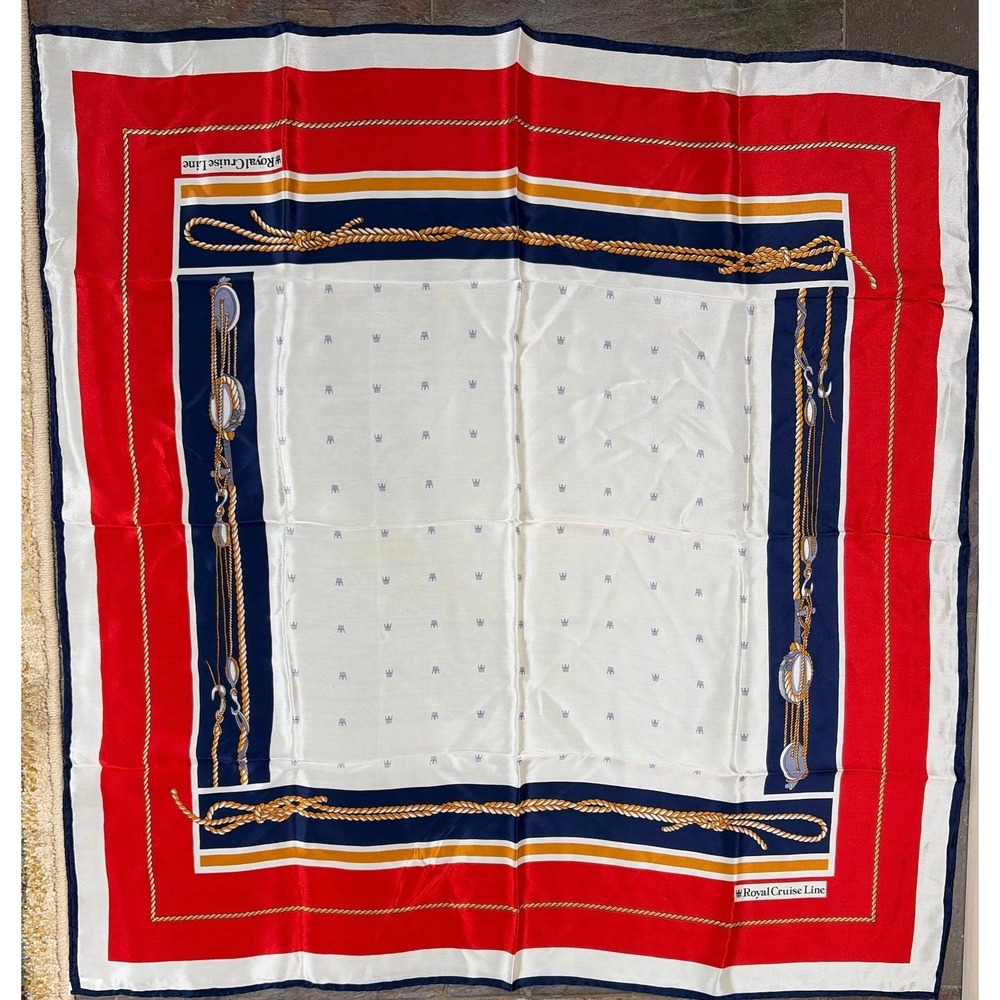 Royal Cruise Line Vintage Nautical Silk Scarf Red White Navy Blue Rope Crown